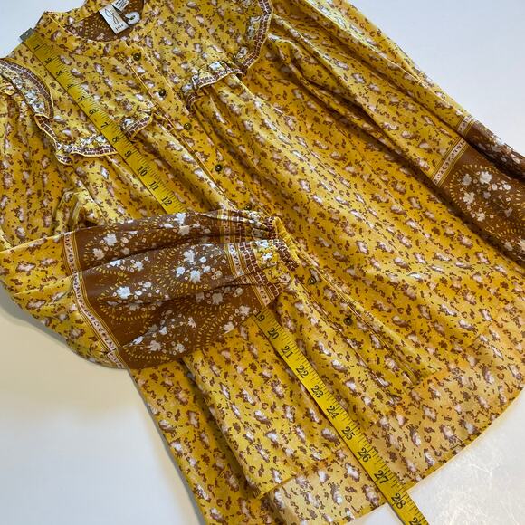 Joie Ruffled Button Blouse Women's Medium Mustard Floral Mixed Print Peasant Top - Picture 7 of 8